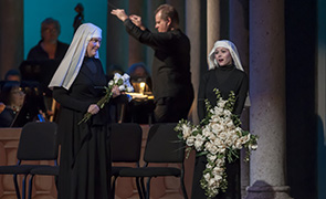Jennifer Check, soprano, and Alisa Jordheim, soprano, in Dialogues des CarmÈlites by Francis Poulenc, in the Venetian Theater at Caramoor in Katonah New York on July 23, 2015.  (photo by Gabe Palacio)
