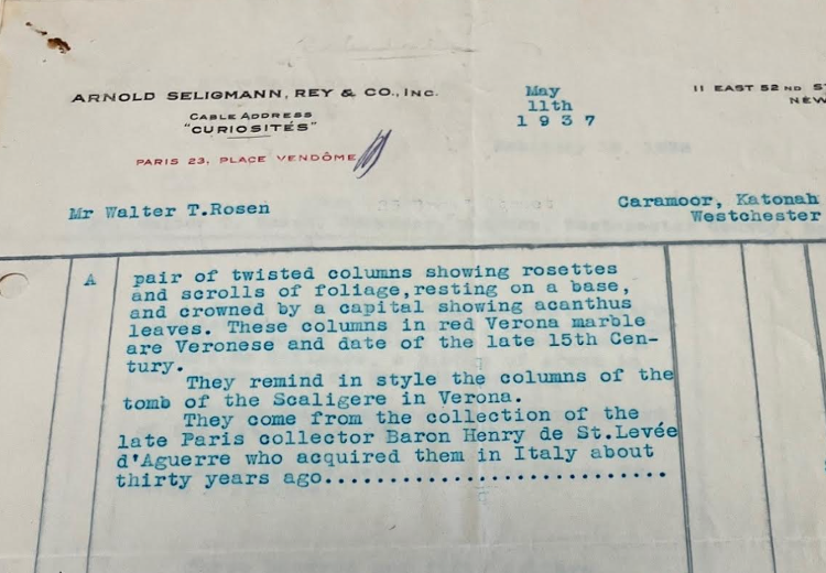 Invoice from Arnold Seligman, Rey & Company to Walter Rosen, May 11, 1937. Rosen House archives.