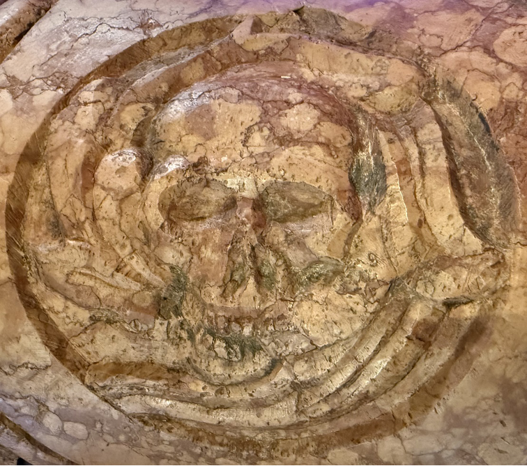 Detail of the memento mori skull skillfully carved into the stage right column in the Music Room.